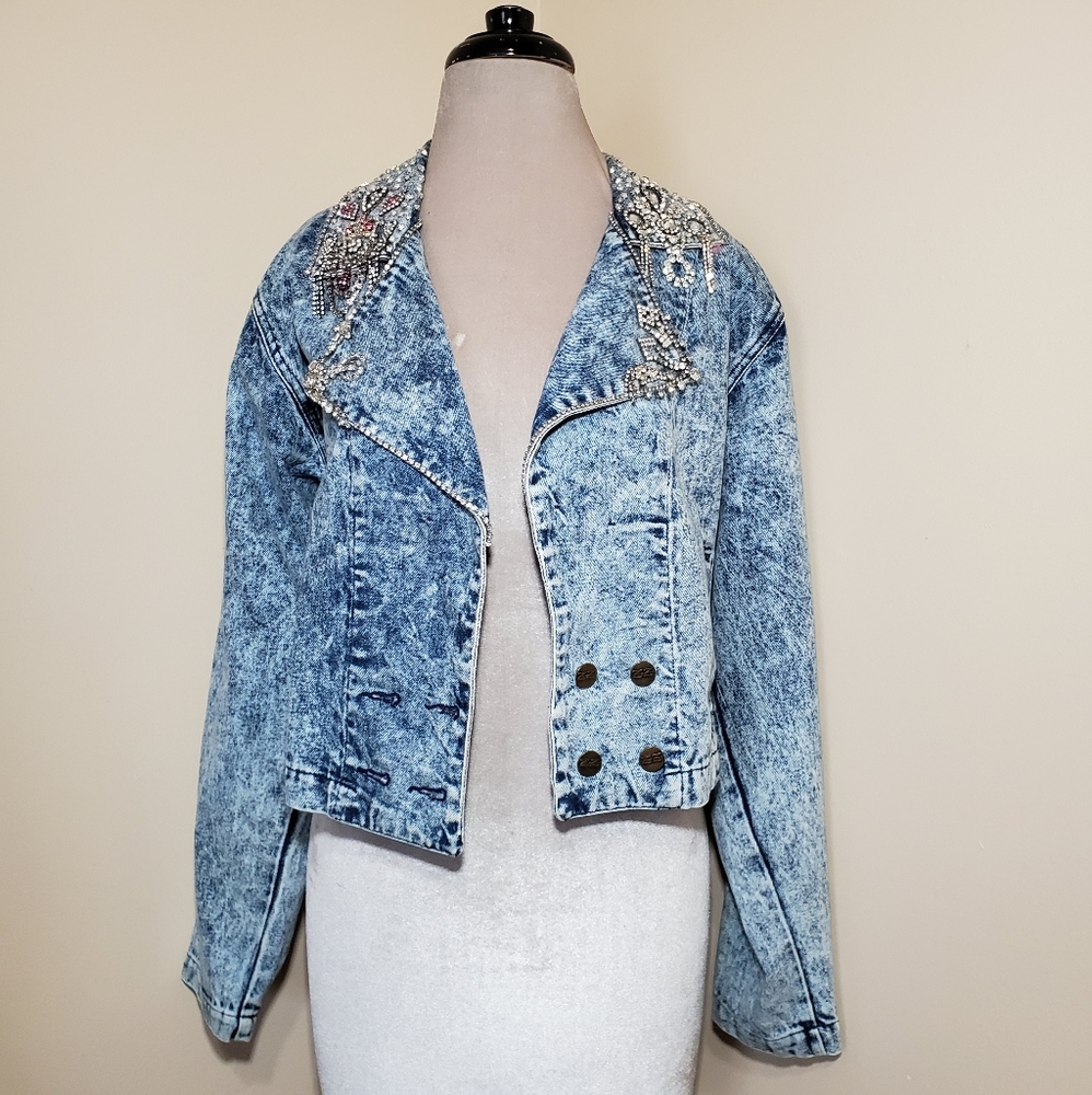 SOLD Rhinestone Acid Denim Moto Jacket - Picture 1 of 5